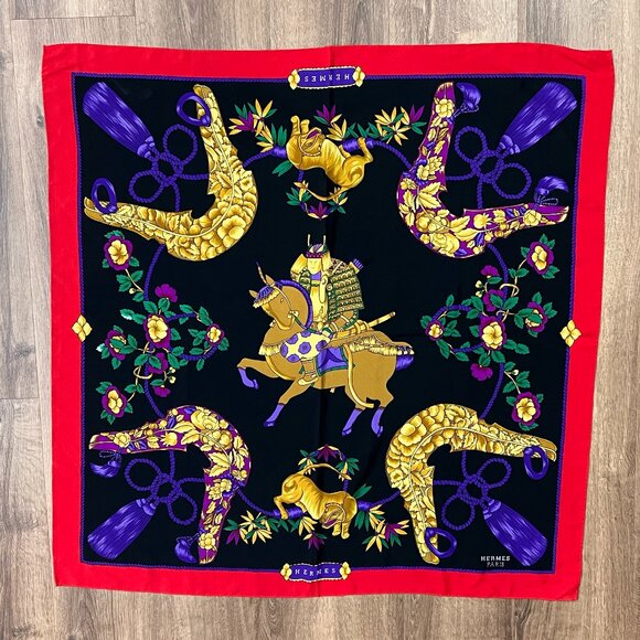 EUC Hermes Paris Multicolored Vintage Scarf with Samurai and Tiger - Picture 1 of 12